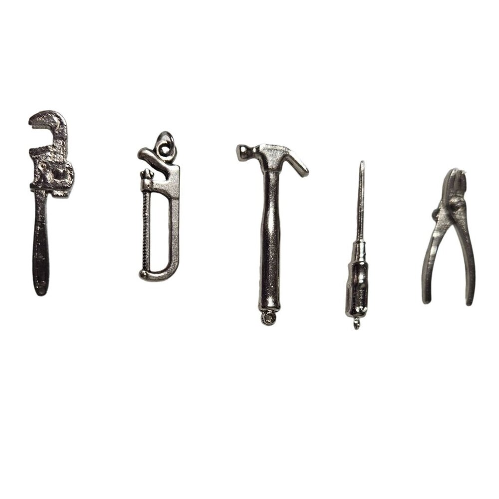 Miniature Tool Set Charms Silver Tone 5 Pieces Crafting Costume Jewelry Women